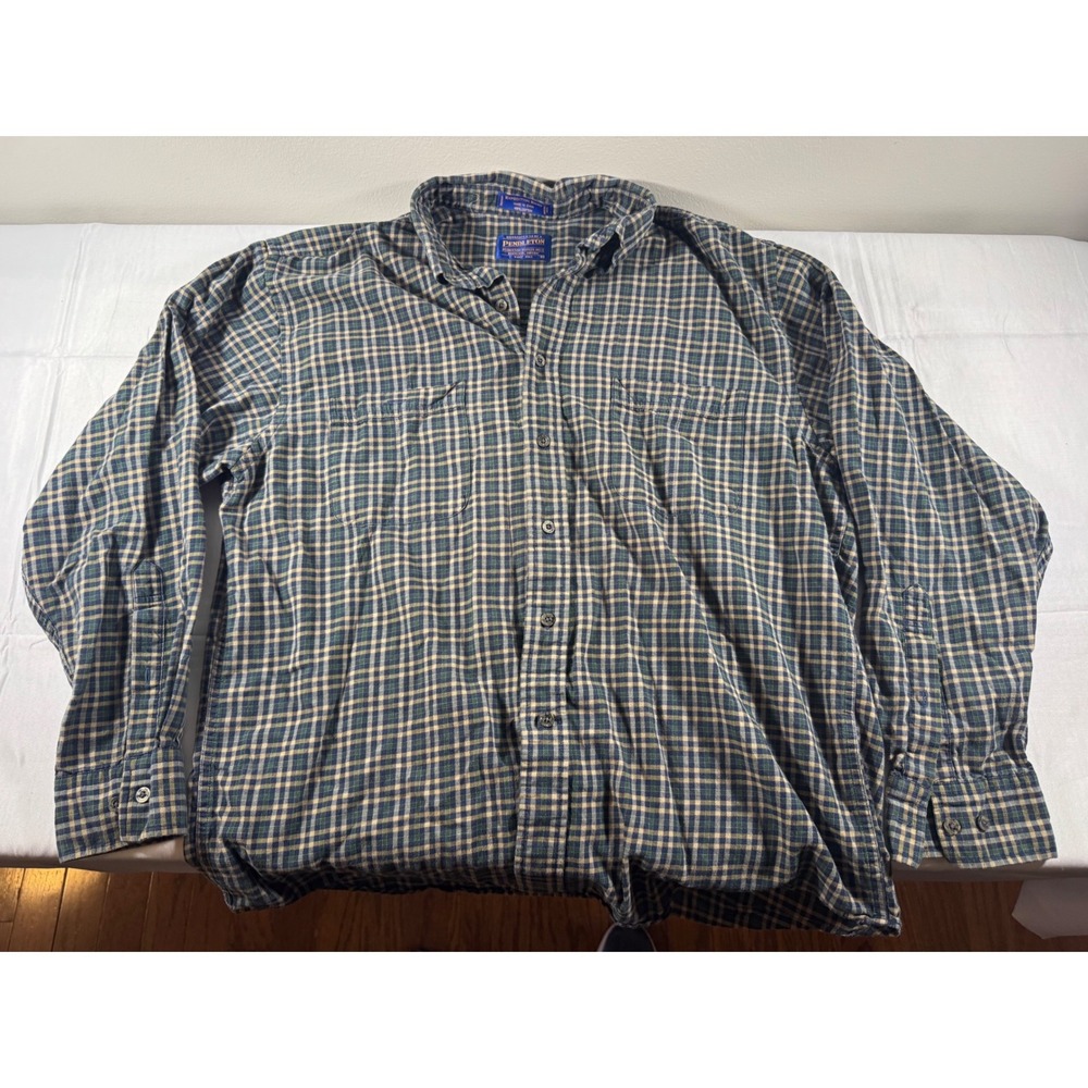 Pendleton Expedition Shirt Mens Large Blue Green Plaid Cotton Button Down L